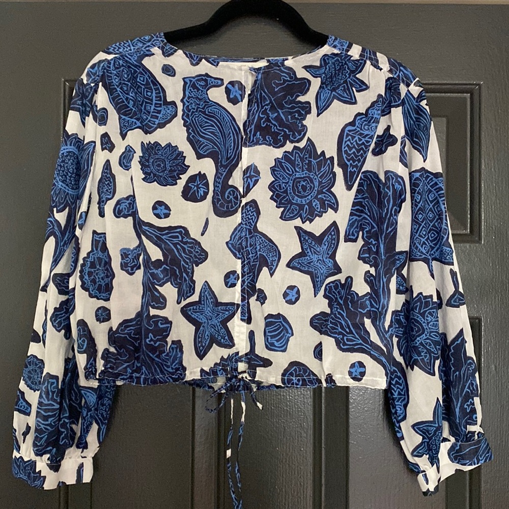H&M Short Cotton Blouse in Dark blue/patterned